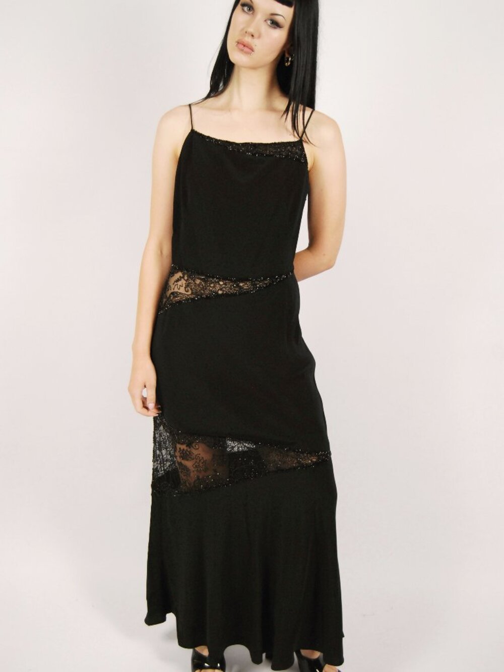 90s Beaded Cutout Dress (10) black vintage maxi formal gown glam dance Nite Line